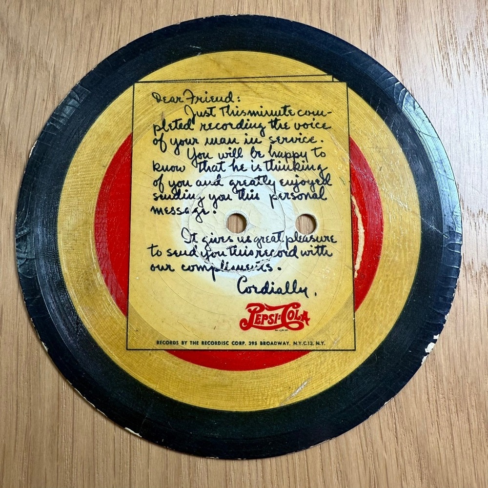 WWII Pepsi-Cola Service Center Voice-O-Gram Record Disc 1940s Vintage Military